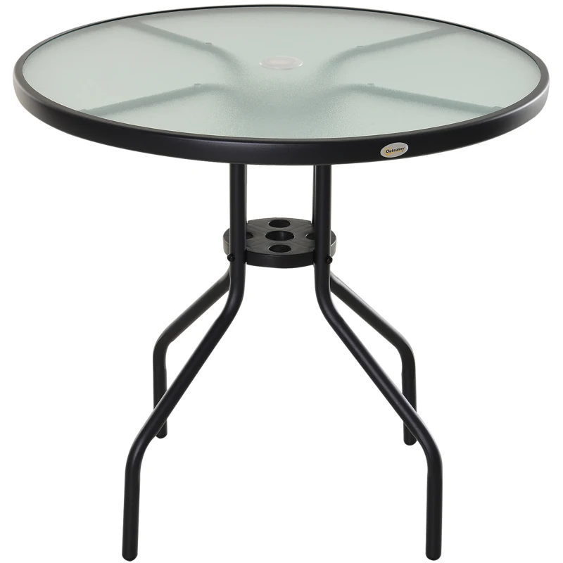 Outsunny Mesa de Jardim Redonda Mesa Sala de Jantar de Cristal Temperado com Orifício para Chapéu de Sol Estrutura Metálica para Pátio Terraço Exterior Ø80x72cm Preto
