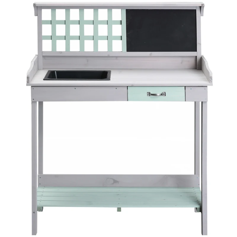 HOMCOM Pflanztisch Gärtnertisch Gartentisch Blumentisch mit Schublade und Wanne für den Garten Tannenholz Mintgrün + Grau 92 x 42,5 x 119,5 cm