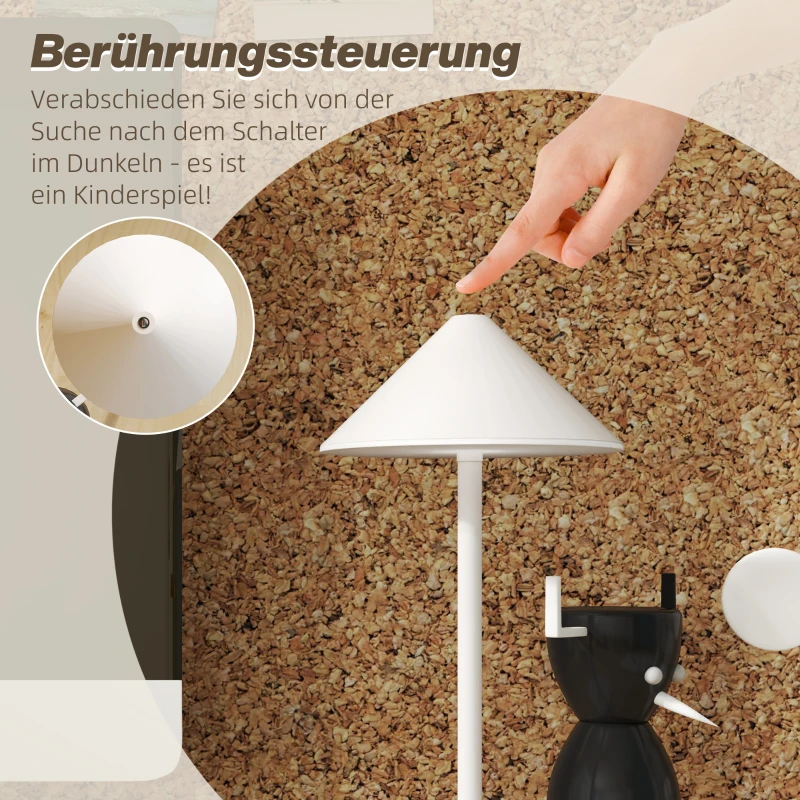HOMCOM LED-Tischlampe mit USB-Kabel, Touchschalter, Metall, wiederaufladbar, Weiß