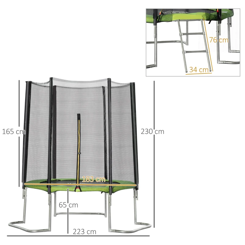 HOMCOM Trampolim de Jardim Ø223cm Trampolim para Crianças Adultos com Superfície de Salto Ø137cm Rede de Segurança Cobertura de Bordas e Escada para Exterior Verde