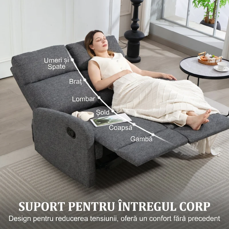 HOMCOM Canapea cu 2 Locuri Rabatabilă la 145° și Tapițată cu Chenilă Gri, 124x91x100 cm