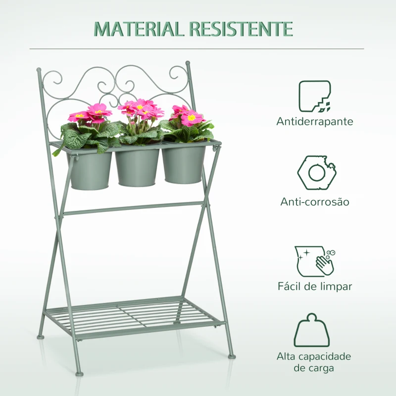 Outsunny Suporte de Metal para Plantas Dobrável com 3 Vasos Incluidos e Prateleira Inferior Suporte para Vasos de Flores Decorativo para Interior e Exterior 47x37x78,5cm Verde
