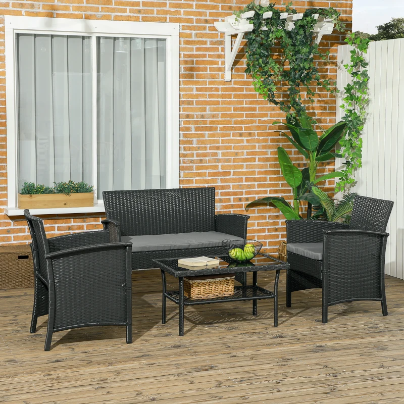 Outsunny Set Exterior Rattan PE cu Canapea, 2 Fotolii cu Perne și Măsuță din Sticlă, Negru și Gri