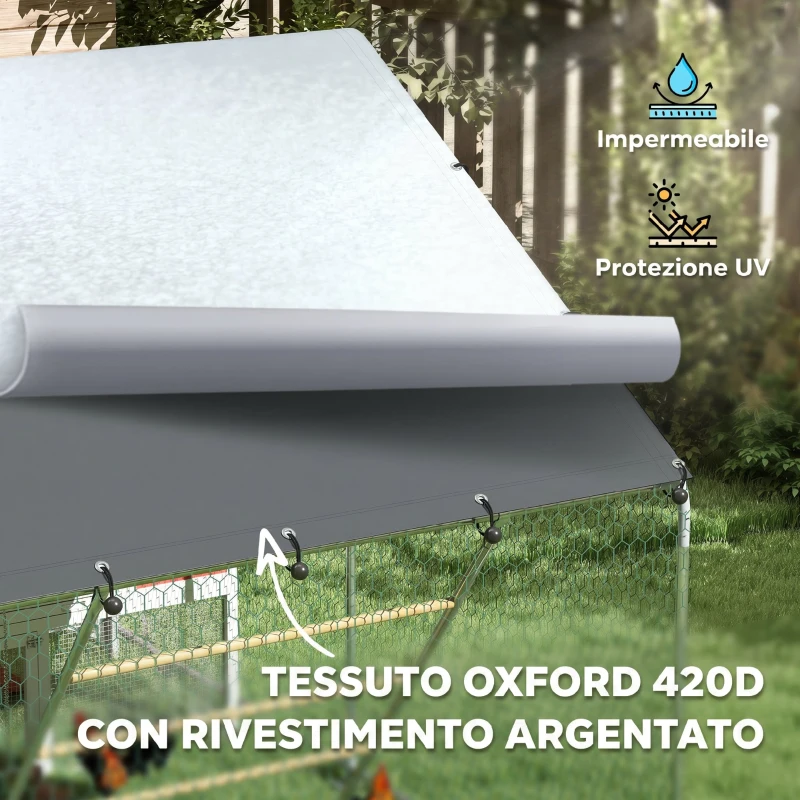 PawHut Recinto per Galline da 6m² per 6-8 Animali con Tetto Impermeabile, Mangiatoia e Posatoio, 3x2x1.9m, Argento