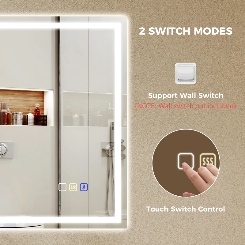 HOMCOM Miroir salle de bain LED bluetooth 90 x 70 cm interrupteur tactile lumière réglable 3 couleurs anti-buée mémoire argent
