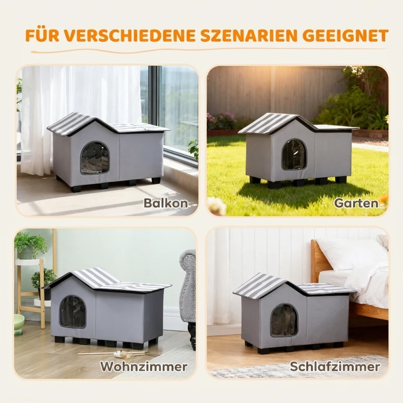 PawHut Katzenhaus Wasserabweisend Katzenhütte mit Abnehmbar Satteldach Wärmeisolierung Plattform 70x43x45 cm Oxforfstoff Grau