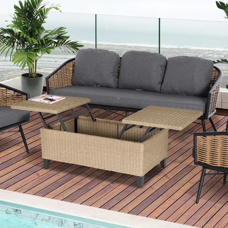 Outsunny Garten-Beistelltisch, Aufbewahrungskiste mit Stauraum, Rattanoptik, Stahlrahmen, khaki, 103 x 50 x 45,5 cm