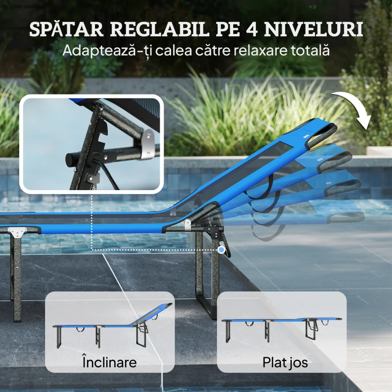 Outsunny Șezlong Pliabil, Spătar Reglabil pe 4 Poziții, Mânere pentru Transport, Culoare Albastru