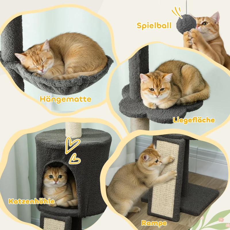 PawHut Katzenbaum, Höhle, Hängematte, verstellbare Höhe, Kratzbaum mit Stoffbezug, Grau