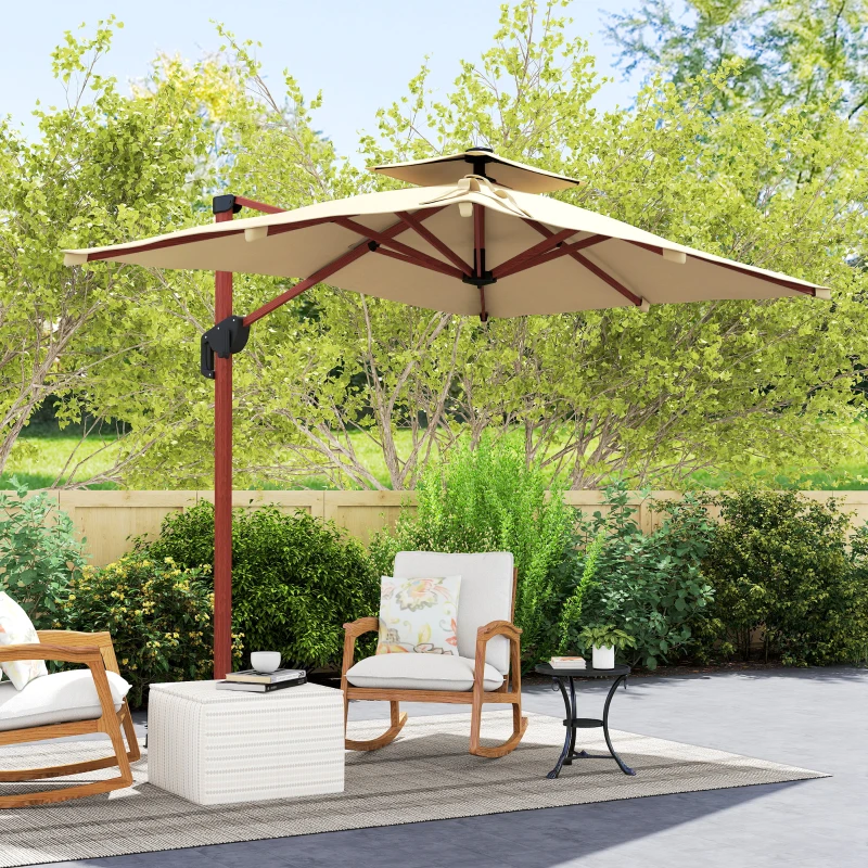 Outsunny Chapéu de Sol Excêntrico 300x198x252 cm com Manivela Inclinação Ajustável Duplo Teto e Base Cruzada Giratória 360° Caqui