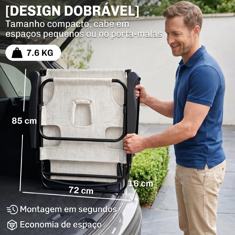 Outsunny Espreguiçadeira de Jardim Dobrável com Encosto Ajustável em 4 Níveis, Orifício de Leitura e Apoio de Cabeça 145x72x89 cm Creme