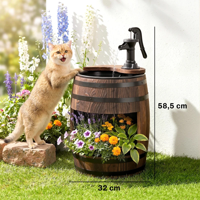 Outsunny Gartenbrunnen Zierbrunnen Springbrunnen Fassbrunnen Wasserfall Holzfass mit Pflanzgefäß Tannenholz Dunkelbraun Ø27 x 59 cm
