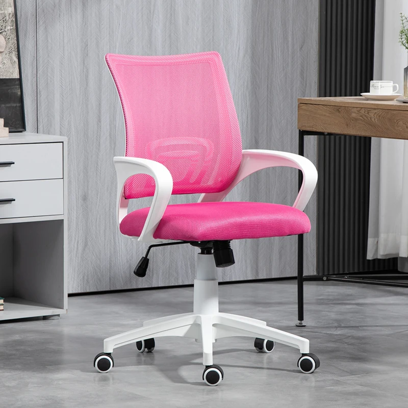 HOMCOM Cadeira de Escritório de Malha Giratória com Altura Ajustável Função Basculante e Apoio para os Braços 57x55x89-109 cm Rosa