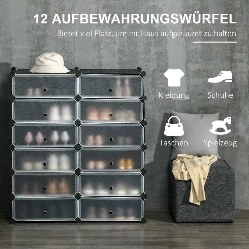 HOMCOM Schuhregal, 12 Aufbewahrungsboxen für 24 Paar Schuhe, Kunststoff, Schwarz+Weiß