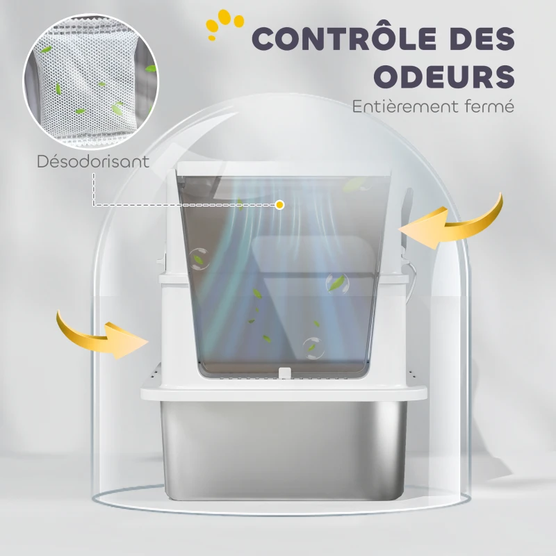 PawHut Bac à litière pour chat fermé, maison de toilette pour chat en acier inoxydable, 60,2 x 40,2 x 43,7 cm, gris clair
