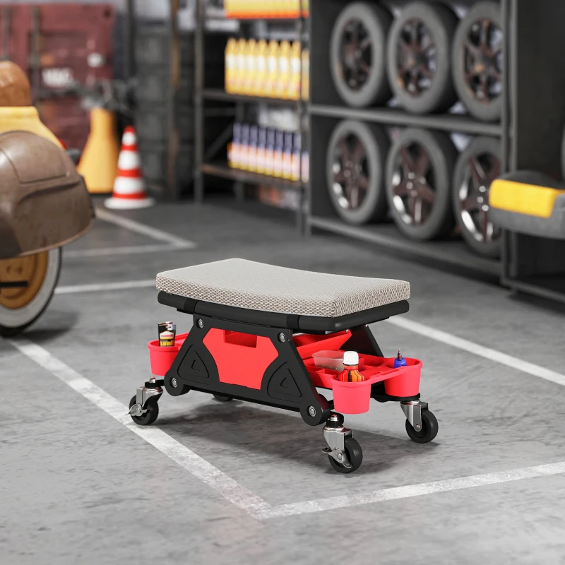 HOMCOM Werkstatthocker mit Rollen Ablagefläche 35cm hoch Rollhocker bis 135 kg belastbar Grau