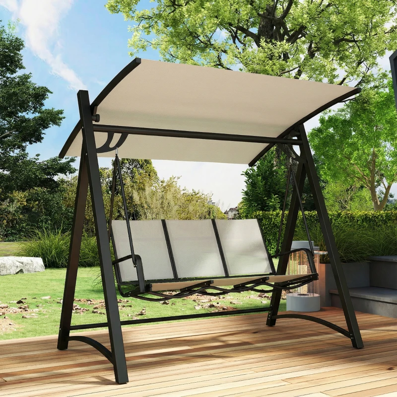 Outsunny Baloiço de Jardim de 3 Lugares com Teto Ajustável UPF50+ Assento Transpirável e Estrutura em Metal 188x130x183 cm Creme