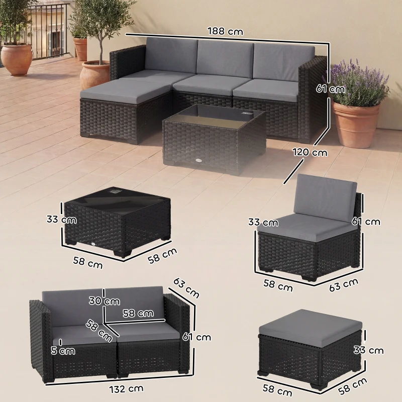 Outsunny Set Modular de Grădină din Rattan cu Perne, Canapea de Colț Gri, 5 Piese