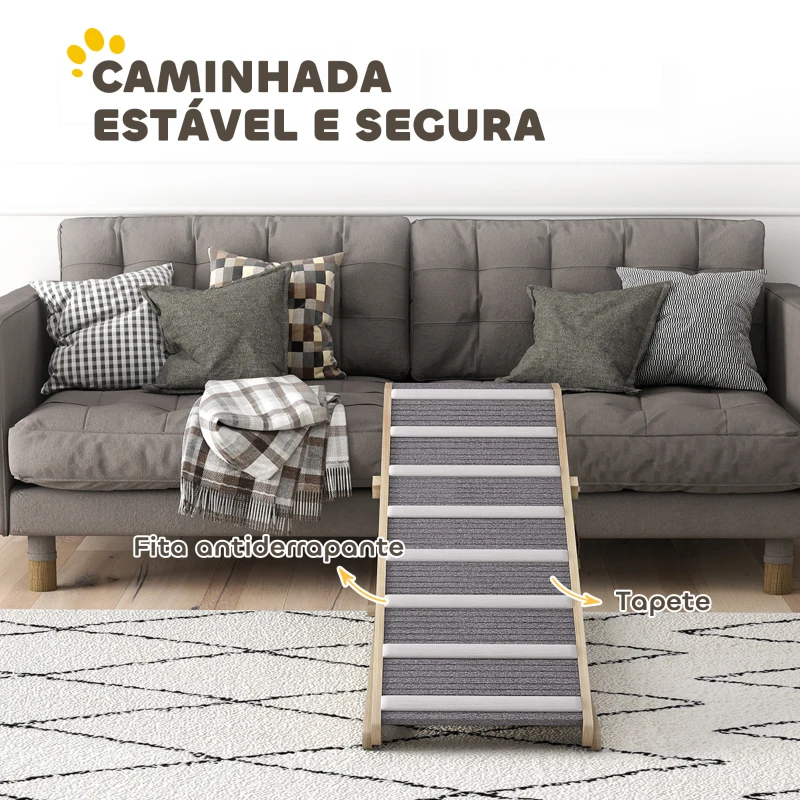 PawHut Rampa para Cães Dobrável com Altura Ajustável 41-60 cm e Tapete Antiderrapante 120x50x60 cm Madeira e Cinza