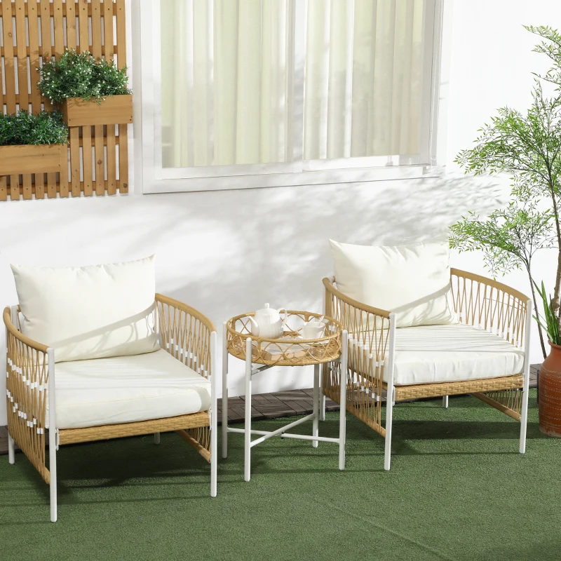Outsunny Conjunto de Jardim Exterior com 2 Cadeiras e Mesa em Vime com Almofadas Acolchoadas para Varanda Terraço Bege e Creme