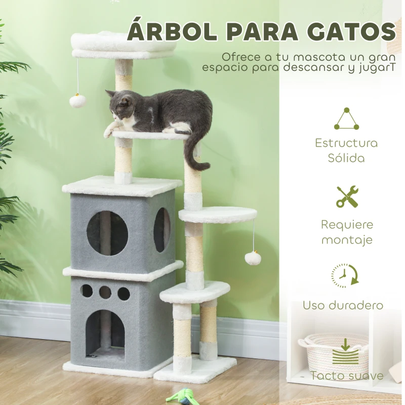 PawHut Rascador para Gatos 126 cm Torre para Gatos con Nidos Plataformas Bolas Colgantes y Postes de Sisal Crema