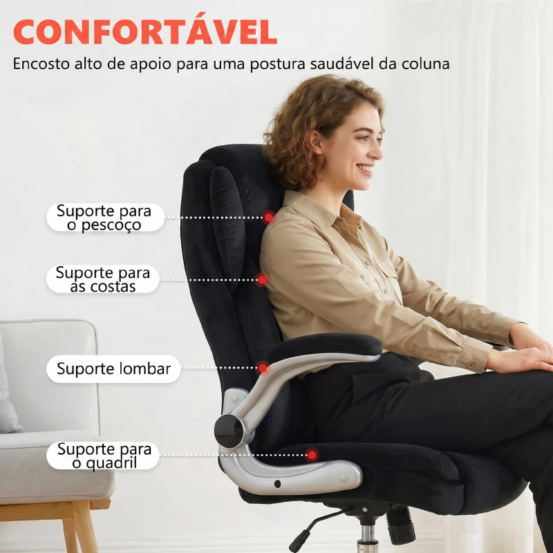 HOMCOM Cadeira de Escritório Apoios de Braços Rebatíveis Altura Ajustável Função Basculante e Estofada em Veludo 68x69x118 cm Preto