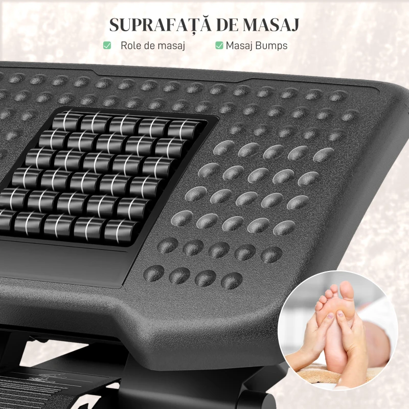 HOMCOM Suport ergonomic pentru picioare pentru birou, cu role de masaj, reglabil pe înălțime și unghi, negru