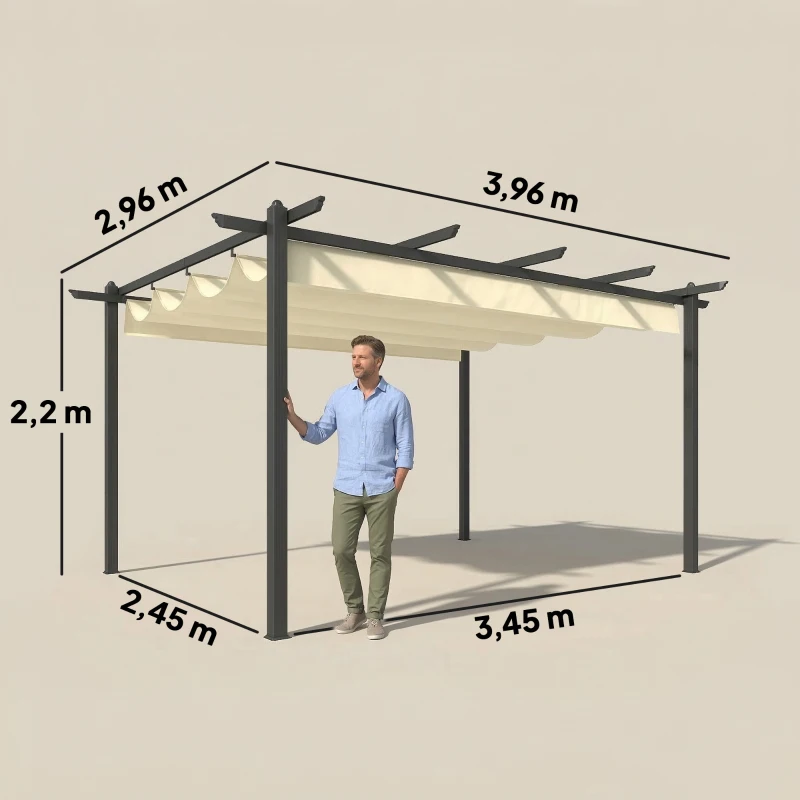 Outsunny Pérgola de Jardim 4x3 m com Telhado Retrátil Estrutura de Alumínio UPF30+ Orifícios de Drenagem Pérgola de Exterior Creme