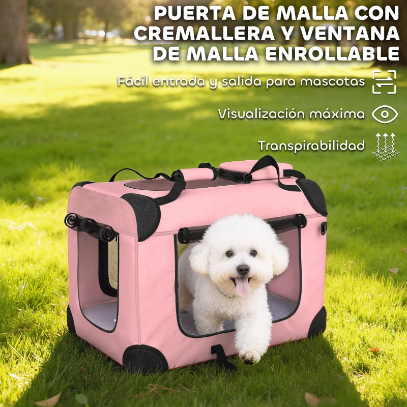 PawHut Transportín para Perros Plegable 60x41,5x41 cm con Ventanas de Malla Cojín Suave y 2 Asas para Mini Perros y Gatos Rosa