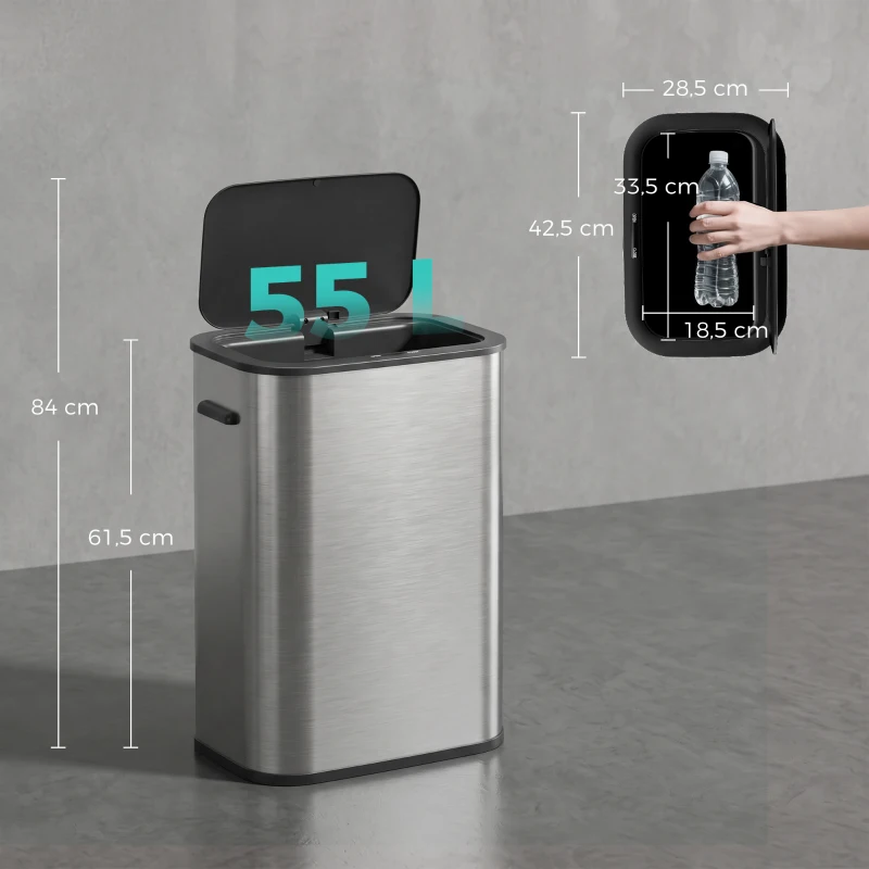 HOMCOM Cubo sensor 55 L para cocina, cubo de basura sin contacto de acero inoxidable, a pilas, Plata