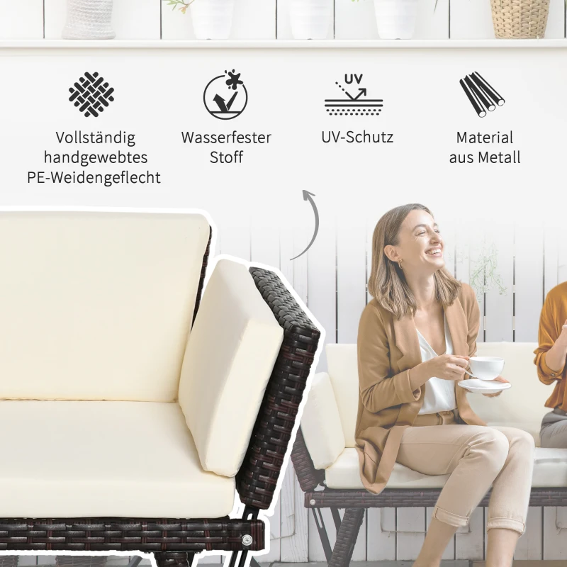 Outsunny Polyrattan Gartensofa 2 Sitzer Gartenmöbel Loungesofa Gartenbank Gartenliege klappbar Armlehnen Stahl Braun 129 x 63 x 67 cm