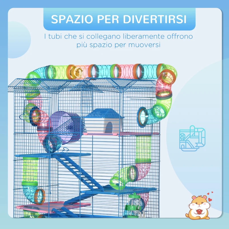 PawHut Gabbia per Criceti e Roditori a 5 Piani, Gabbietta per Criceti con Tubi Colorati, Ruota, Casetta e Accessori Inclusi, 47x30x59 cm, Blu