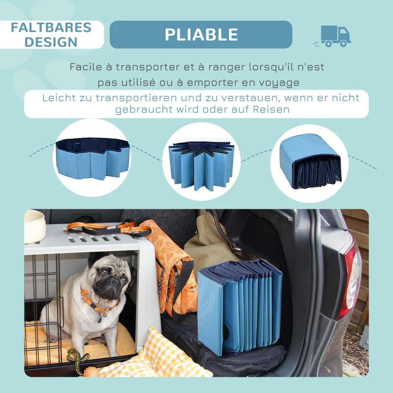 PawHut Hundebadewanne faltbar Hundepool Schwimmbecken Swimmingpool Plantschbecken Badewanne für Hunde & Katzen Wasserbecken aus Kunststoff, Holz Ø120 x H30 cm Blau