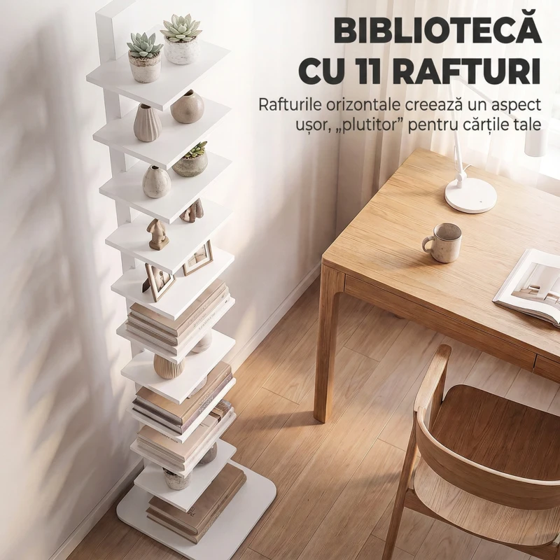 HOMCOM Bibliotecă Verticală cu 11 Rafturi, Structură din Oțel, Economie Spațiu, 34,5x41,5x163,5 cm, Alb