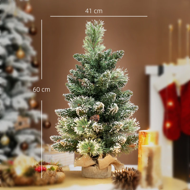HOMCOM Mini Árvore de Natal Artificial com 35 Luzes LED 60 cm 64 Ramos com Neve Pinha Bagas e Base de Saco de Juta Ø41x60 cm Verde