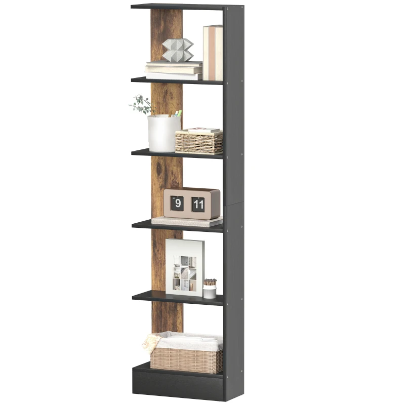 HOMCOM Bibliotecă Modernă Economisitoare de Spațiu cu 5 Rafturi din Lemn, 45x21x170 cm, Maro și Negru