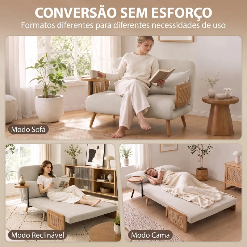HOMCOM Sofá-Cama 2 Lugares 3 em 1 em Chenille com Encosto Ajustável, Mesa Lateral e 2 Almofadas, Creme