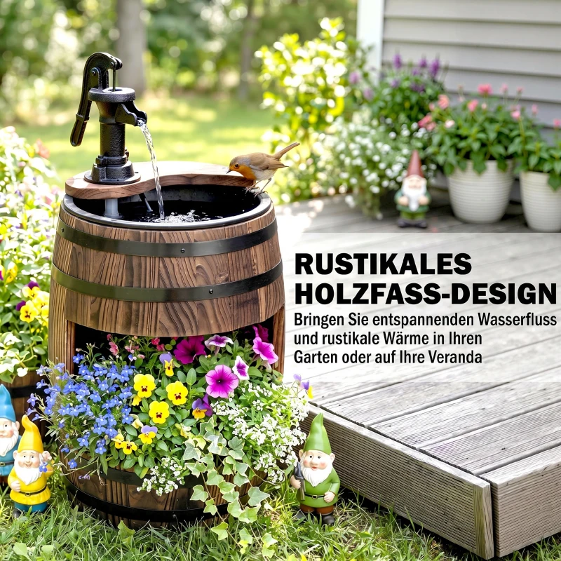 Outsunny Gartenbrunnen Zierbrunnen Springbrunnen Fassbrunnen Wasserfall Holzfass mit Pflanzgefäß Tannenholz Dunkelbraun Ø27 x 59 cm