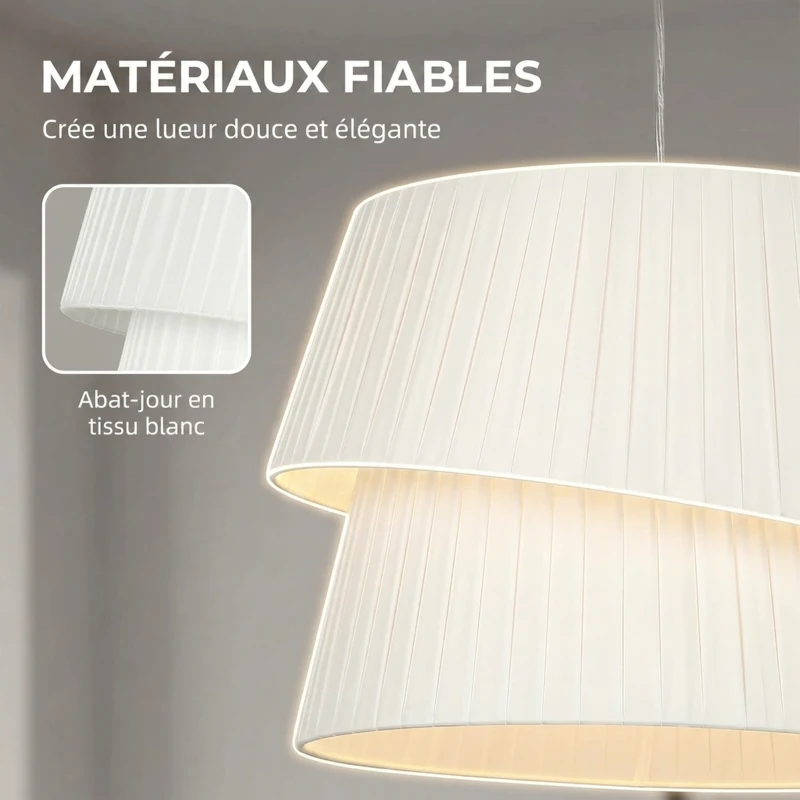 HOMCOM Suspension Luminaire Élégante à Double Abat-Jour, Rosace Dorée, Câble Réglable, Ampoule Non Incluse E14 40 W, Blanc