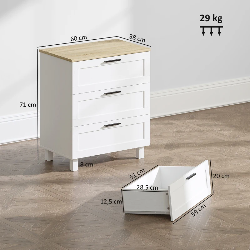 HOMCOM Cómoda Estreita com 3 Gavetas Cómoda de Quarto com Pés de Madeira Estilo Moderno 60x38x71 cm Branco