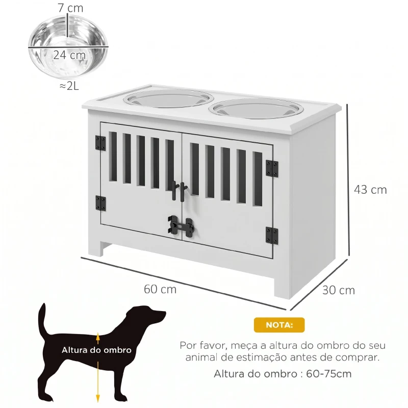 PawHut Comedouro Elevado para Cães com 2 Tigelas em Aço Inoxidável 2x2 L, Arrumação 37 L e 2 Portas com Trincos, Branco