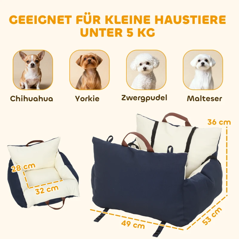 PawHut Hundeautositz, 2 Gurte, waschbare Bezüge, für Haustiere unter 5 kg, Blau