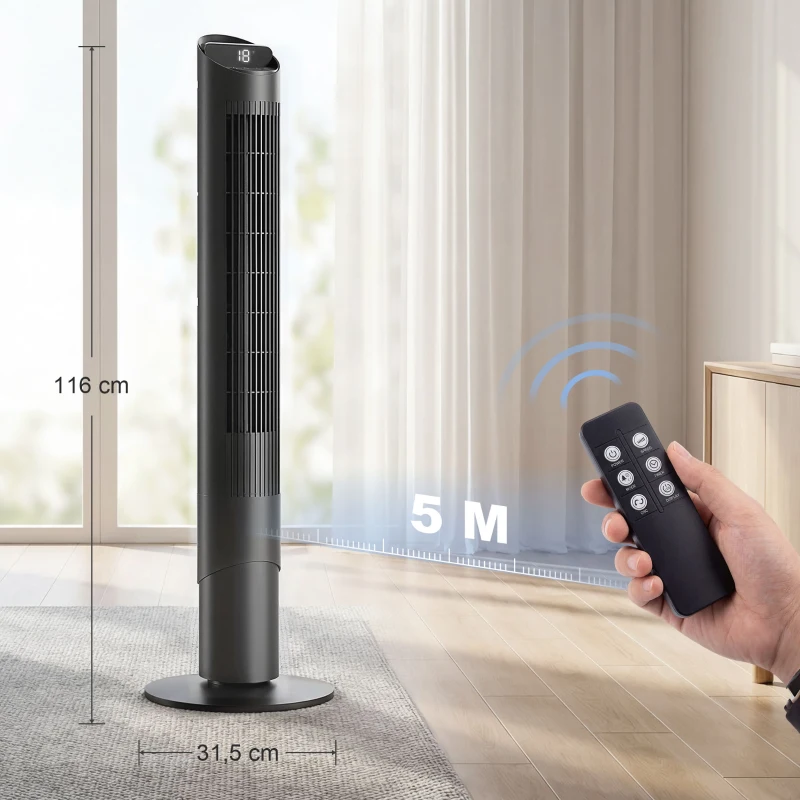 HOMCOM 116 cm Turmventilator, Standventilator mit Fernbedienung WiFi App-Steuerung, 65° Oszillation 6 Geschwindigkeiten 4 Modi