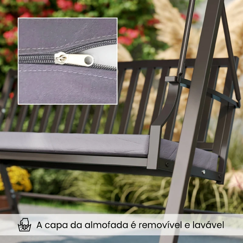 Outsunny Baloiço de Jardim para 3 Pessoas Banco Baloiço com Toldo Ajustável Almofada e Estrutura de Aço 205x133x181 cm Cinzento