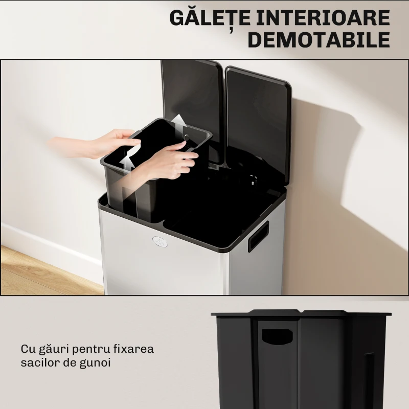 HOMCOM Coș gunoi cu pedală bucătărie, capac închidere ușoară, recipiente interioare detașabile, oțel, 2x28L, argintiu