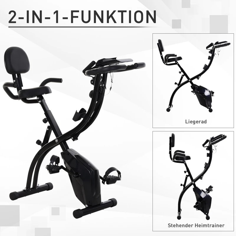 HOMCOM Heimtrainer 2-in-1 Fahrradtrainer mit LCD-Display Pulsmesser verstellbar Sitz Räder, klappbarer Hometrainer Trimmrad mit 8 stufig Magnetwiderstand, Spannseil, Stahl