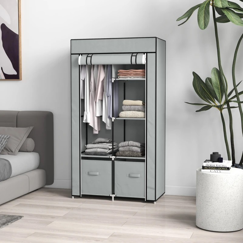 HOMCOM Kleiderschrank Stoffschrank 1 Kleiderstange, 2 Schubladen, 83 x 42.5 x 162,5 cm, Grau