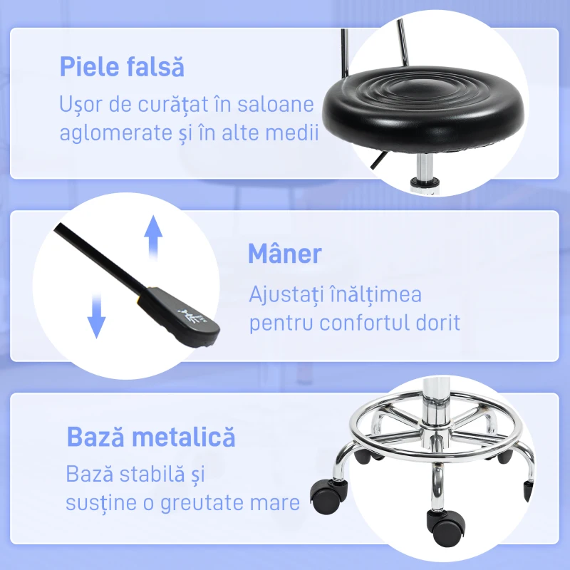 HOMCOM Scaun Rotativ Reglabil la 360° cu Spătar, Roți și Suport pentru Picioare, din Oțel, Piele Sintetică și Spumă, Negru