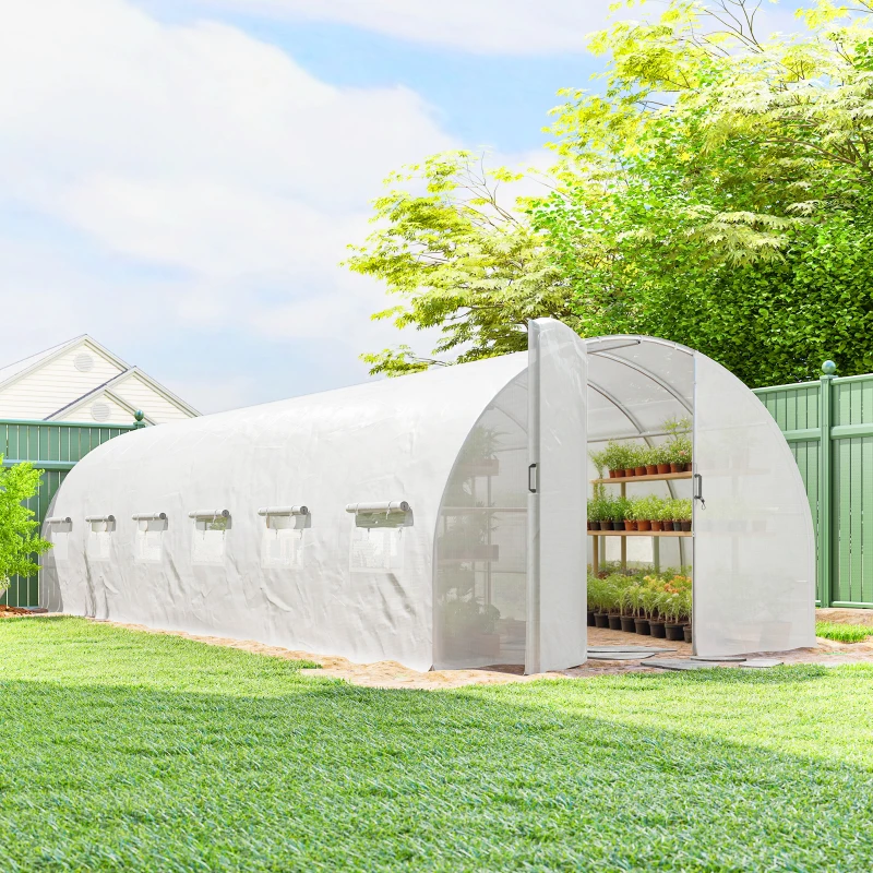 Outsunny Serre tunnel de jardin 24m², serre de jardin tunnel avec portes et 12 fenêtres avec moustiquaires, 295x798x199cm, blanc