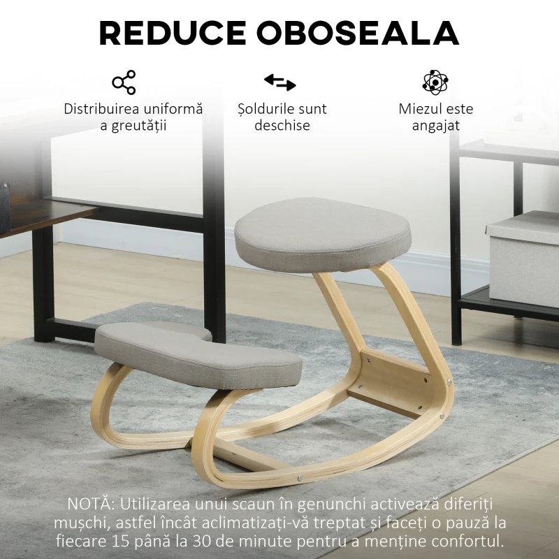 HOMCOM Scaun cu Genunchii cu Mișcare de Balans, din Țesătură și Lemn de Mesteacăn, 50x73x55 cm, Gri